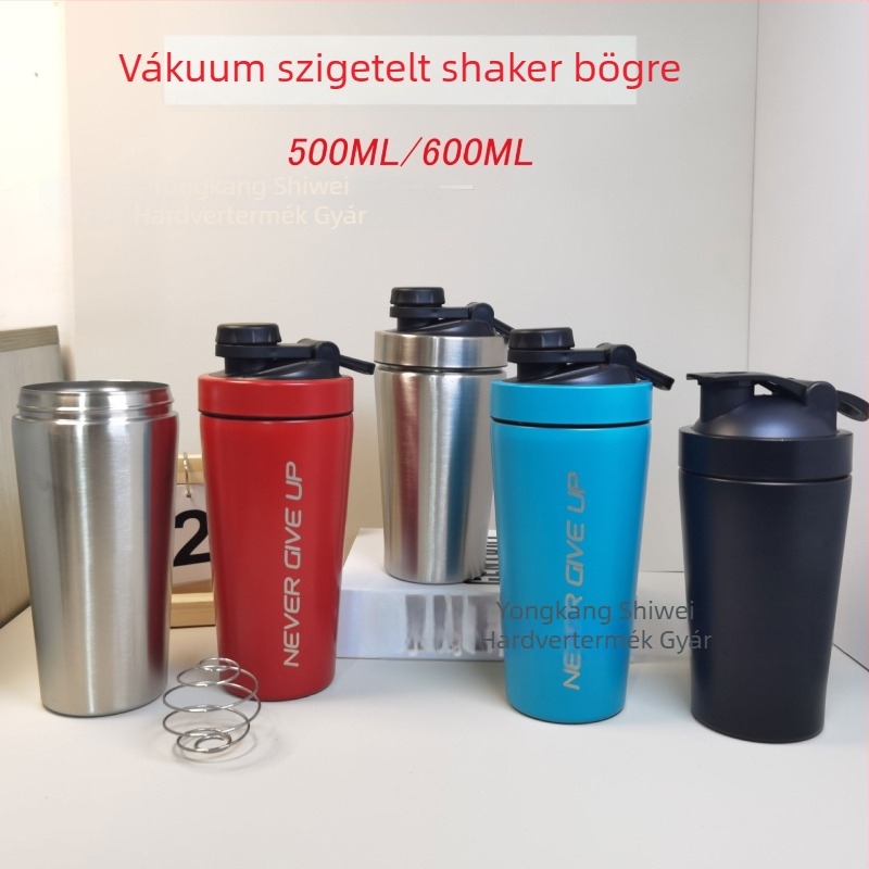 Kétszintes rozsdamentes acél vákuumos shaker pohár, 600 ml, belső 304, külső 201, szigetelt, fehérje porhoz, sportos palack