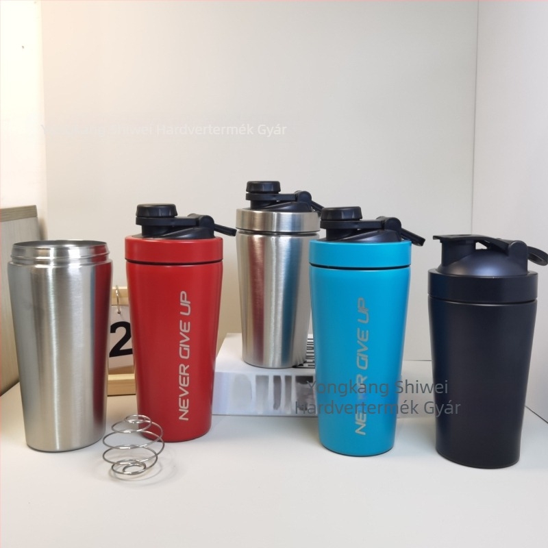 Kétszintes rozsdamentes acél vákuumos shaker pohár, 600 ml, belső 304, külső 201, szigetelt, fehérje porhoz, sportos palack