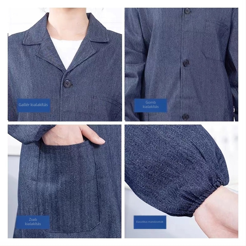 Denim munkaruházat hosszú ujjú kabát, por- és szennyeződés elleni védőruha gyári használatra