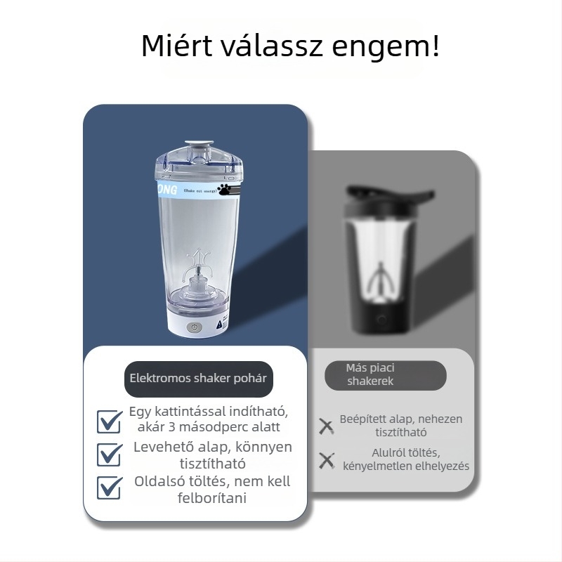 Teljesen automata keverőpohár fehérje porhoz és tejes turmixokhoz, USB-s töltésű hordozható elektromos shaker