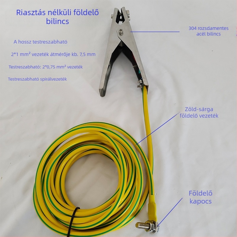 Robbanásbiztos statikus földelő csipesz rozsdamentes acélból, hang- és fényriasztóval, dupla csipesz, vegyi üzemeknek, olajtárolóknak, töltőállomásoknak és raktáraknak