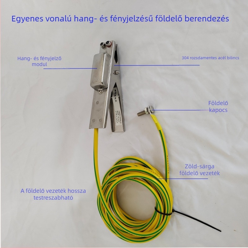 Robbanásbiztos statikus földelő csipesz rozsdamentes acélból, hang- és fényriasztóval, dupla csipesz, vegyi üzemeknek, olajtárolóknak, töltőállomásoknak és raktáraknak