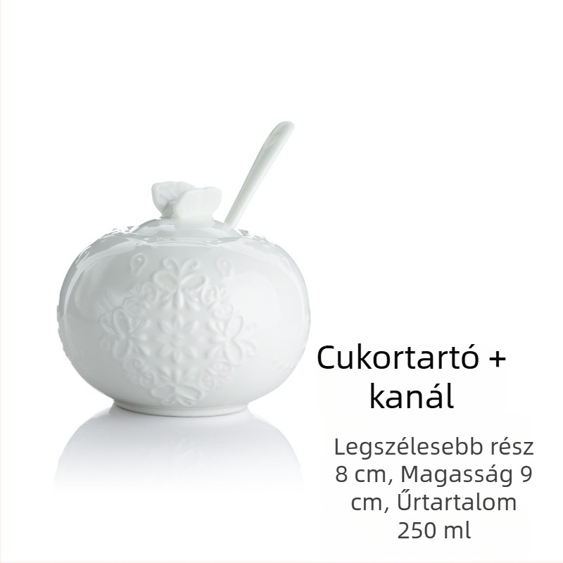 Pillangóvirág teáskészlet teáskannával, tejtartóval és cukortartóval, csontporcelánból, fehér porcelán, európai csipke stílusú délutáni tea