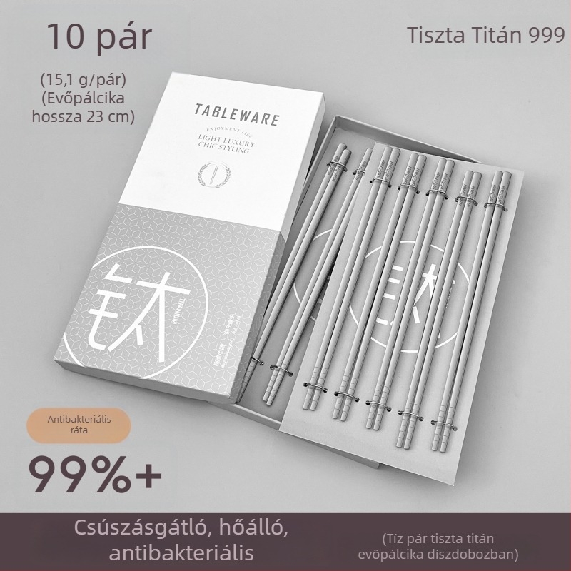 Tiszta titán evőpálcák otthoni használatra, kiváló antibakteriális és gombaellenes tulajdonságokkal, hőálló, ezüst színű, ajándékdobozban, kempingezéshez