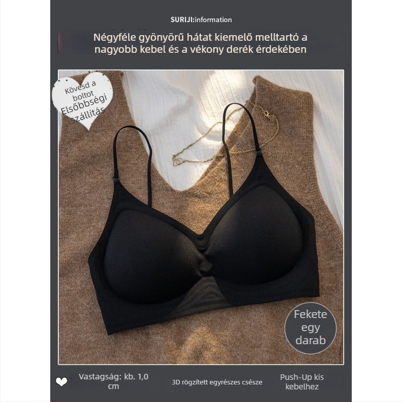 Kényelmes, vezeték nélküli, seamless melltartó kis keblekhez, enyhe push-up hatás, oldalformázó rész, vékony pántok, rögzített kosarak, sima hát