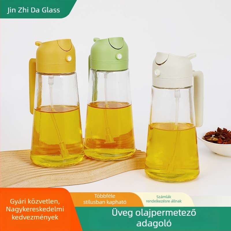 Kettős funkciójú üveg olajspray-palack: permetezés és öntés, automatikus nyitás-zárás, integrált permetező-öntő kialakítás.