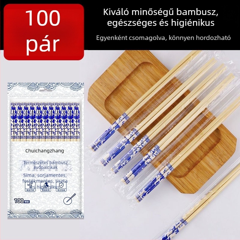 Egyszer használatos bambuszból készült evőpálcikák, egyenként csomagolt higiénikus használathoz, alkalmas otthoni és éttermi használatra, 50 pár egy csomagban, biológiailag lebomló, logó nyomtatása lehetséges
