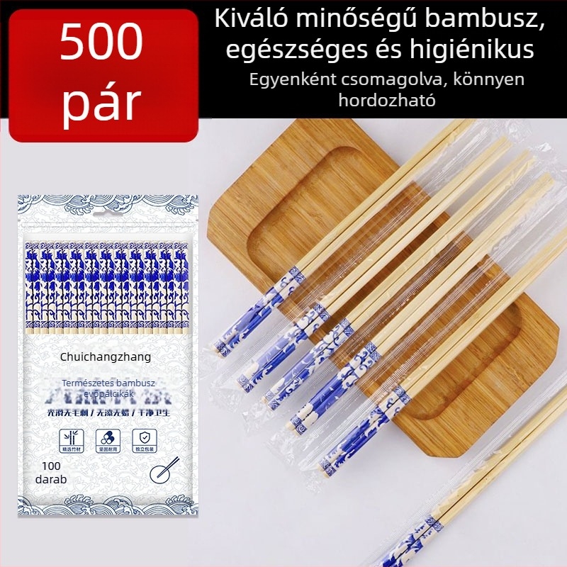 Egyszer használatos bambuszból készült evőpálcikák, egyenként csomagolt higiénikus használathoz, alkalmas otthoni és éttermi használatra, 50 pár egy csomagban, biológiailag lebomló, logó nyomtatása lehetséges
