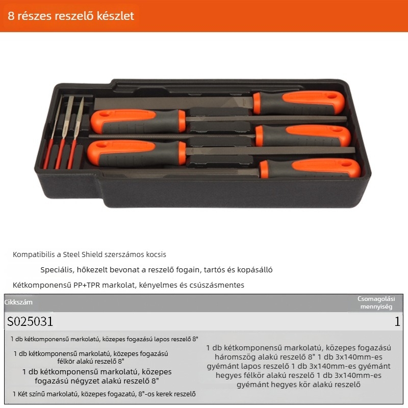 Steel Shield Fájlkészlet: sík, kör, félkör, háromszög és négyszög reszelők durva, közepes és finom fogakkal, 6"–12"