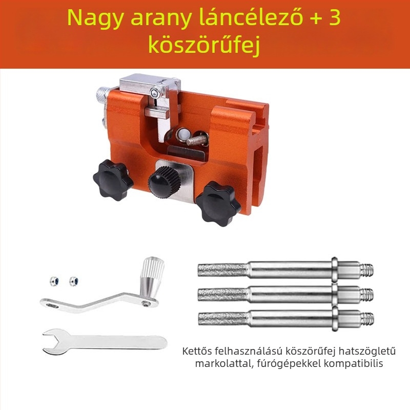Kézikerékes lánc élező, hordozható fűrészlánc élező eszköz, élezőfej és reszelő