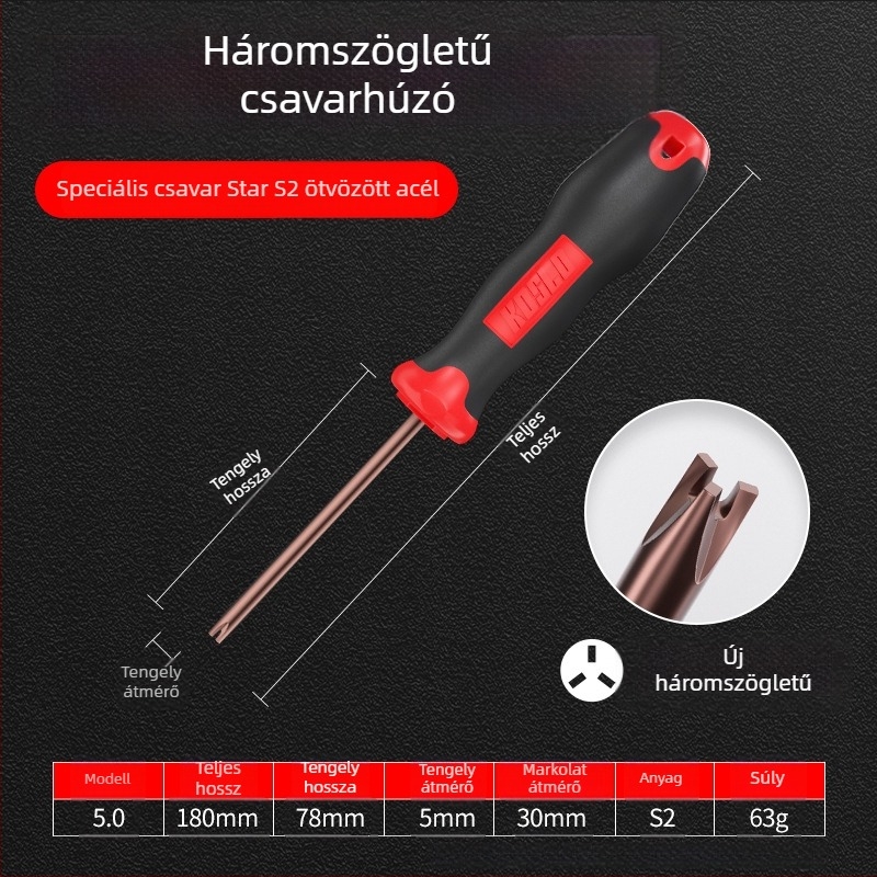 Speciális formájú csavarhúzó készlet: háromszög alakú, Y- alakú, U- alakú, háromágú és belső háromszög végű bitek.