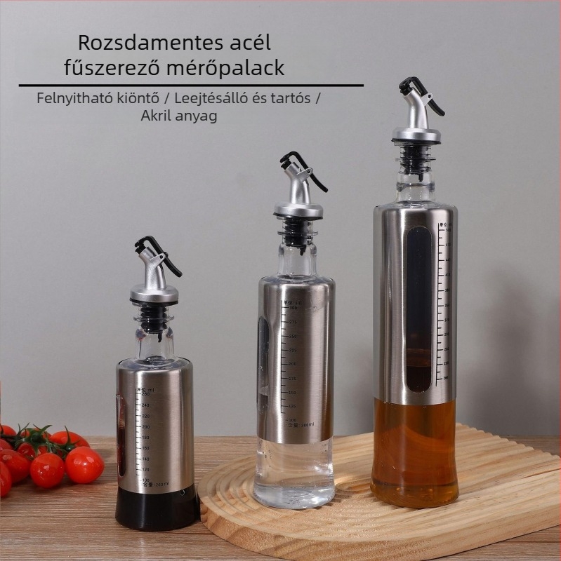 Konyhai rozsdamentes acél olajtartó készlet szabályozható folyással és automatikus nyitás-zárás funkcióval – üvegek szósszhoz, szójaszószhoz és fűszerekhez