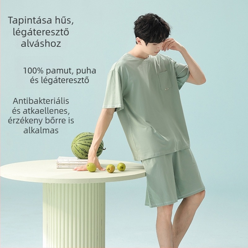 Férfi nyári pizsama szett, 100% pamutból, A osztály, könnyű, lélegző otthoni ruházat