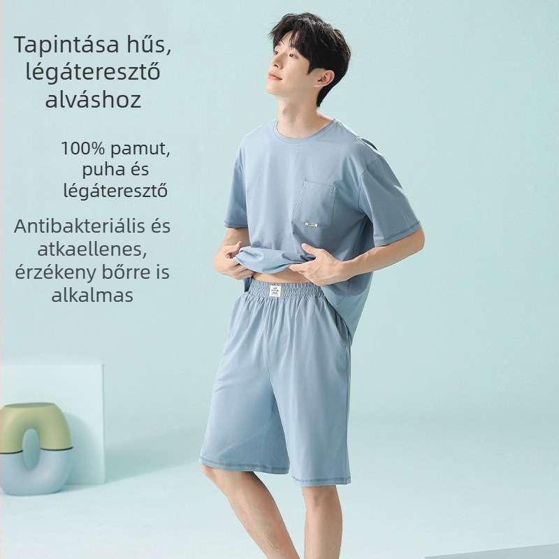 Férfi nyári pizsama szett, 100% pamutból, A osztály, könnyű, lélegző otthoni ruházat