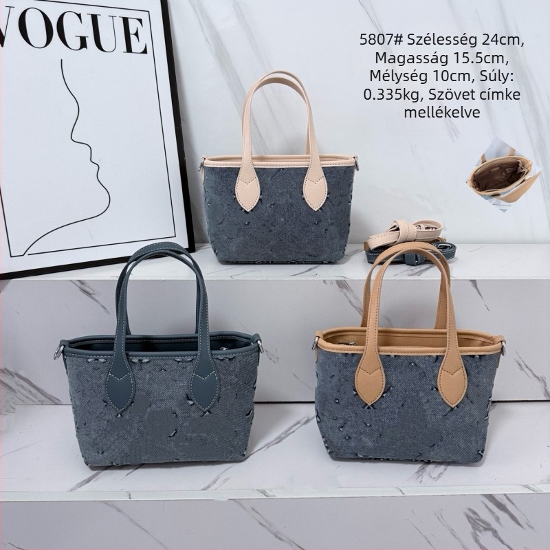 Női bucket táska, városi minimalist dizájn, PU denim, közepes méret, cipzár, keresztpánt, 2025 ősz