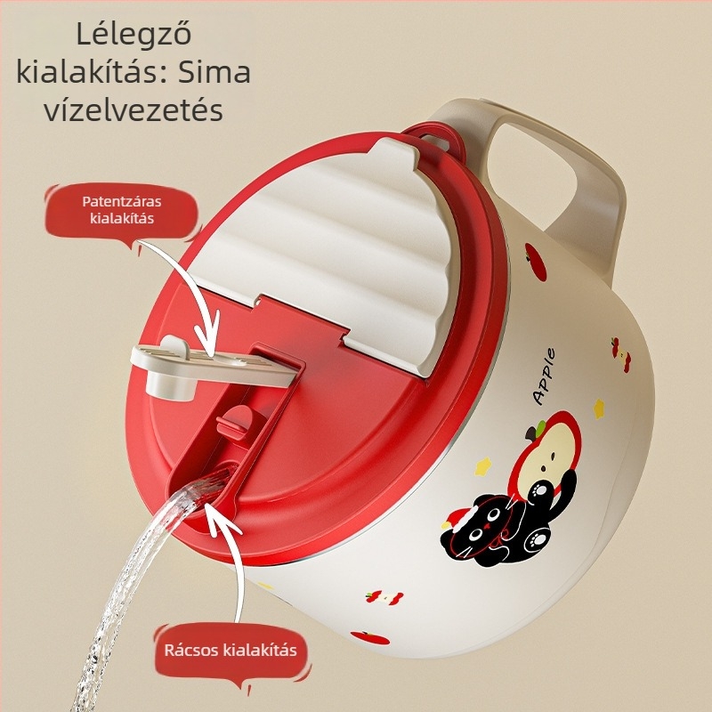 304 rozsdamentes acél tészta tál fedővel, leereszthető funkcióval, kollégiumi étkezőhöz, hordozható