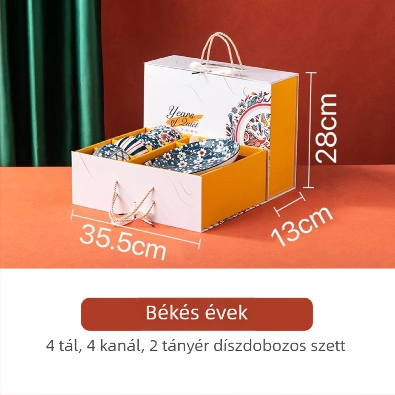 Porcelán tál- és tányérkészlet díszdobozban, japán stílus, virágos mintázat