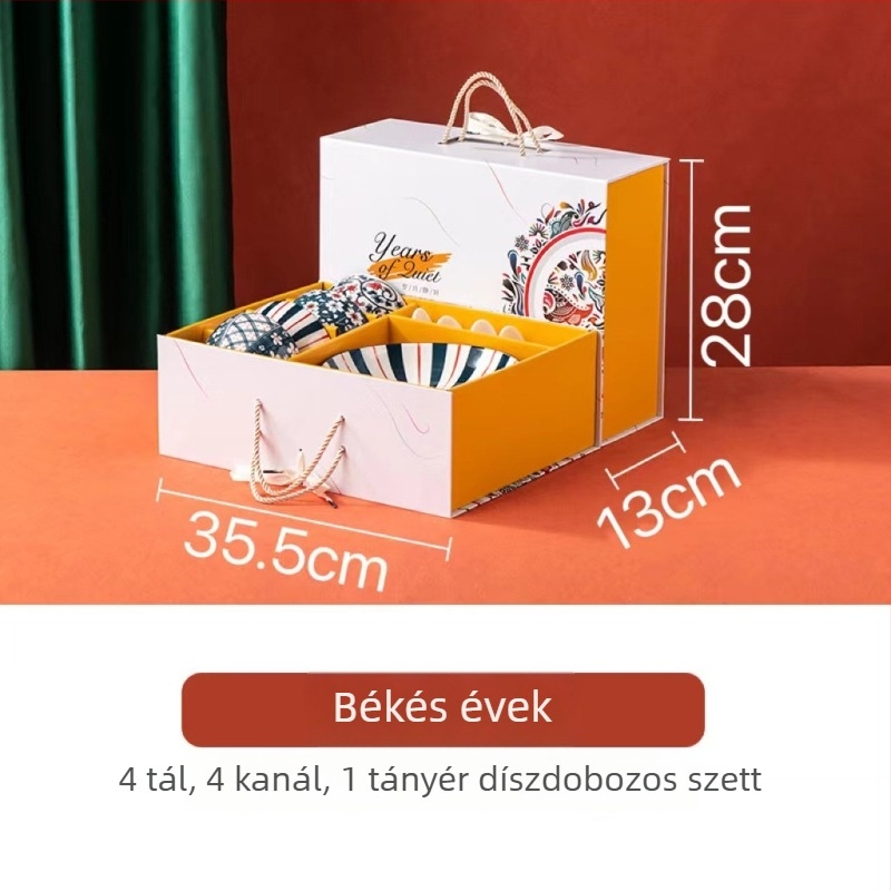 Porcelán tál- és tányérkészlet díszdobozban, japán stílus, virágos mintázat