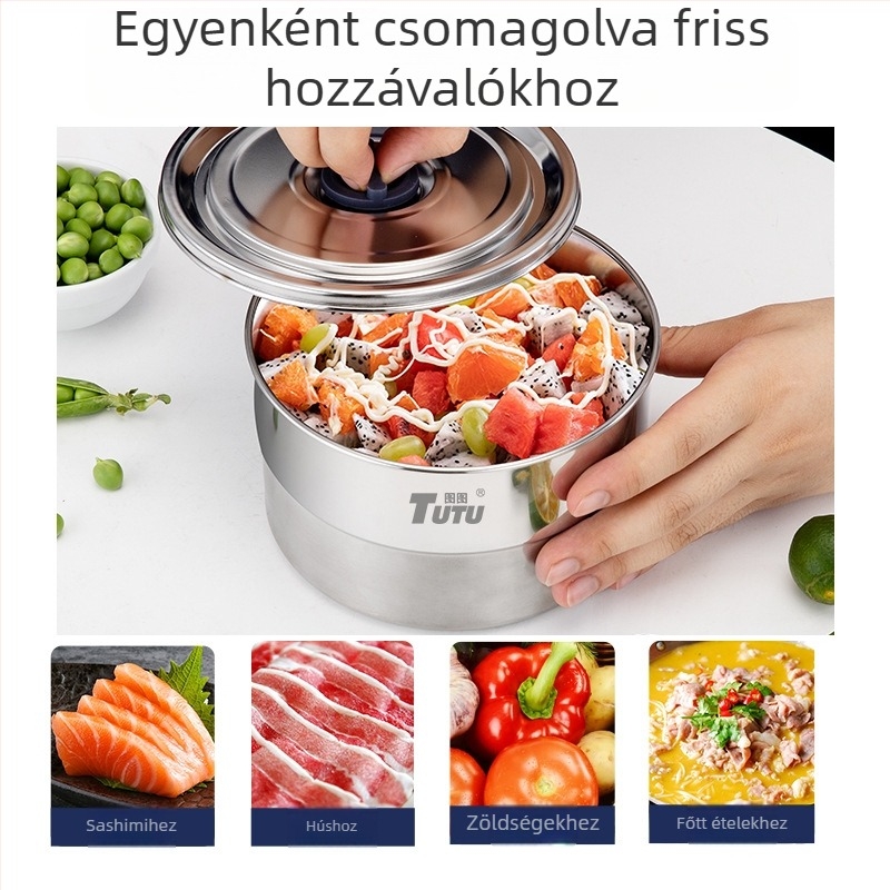304 rozsdamentes acél kör alakú ételtároló vákuumzárással és fedéllel – ebédes doboz irodai használatra