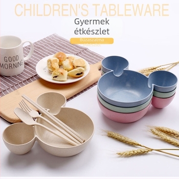 Gyerekeknek készült búzaszalmából készült osztott tányérkészlet: tányér, tál, kanál, villa és evőpálcikák
