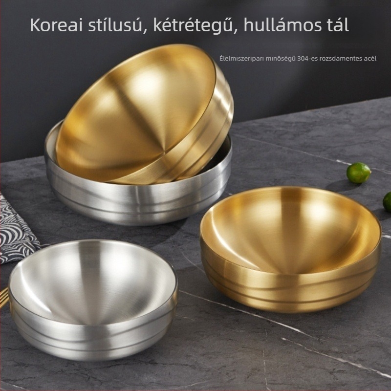 Koreai stílusú 304 rozsdamentes acél, kétszintű hullámos tál, arany színű, instant tészta tálhoz, Tom Yum leveshez, Luosifen leveshez és koreai hideg tészta tálhoz