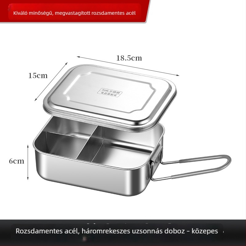 Élelmiszer-minőségű rozsdamentes acél ebédhordó, téglalap alakú, nagy kapacitású, diákoknak és irodai dolgozóknak, kantinához és párolt rizshez.