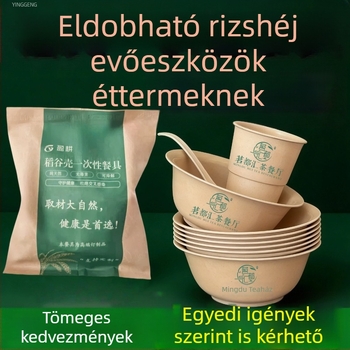 Yinggeng Egyszer használatos étkészlet rizshéjból – négy részes készlet poharakkal, tálakkal, tányérokkal, evőpálcákkal és rizsből készült tálalával éttermi használatra