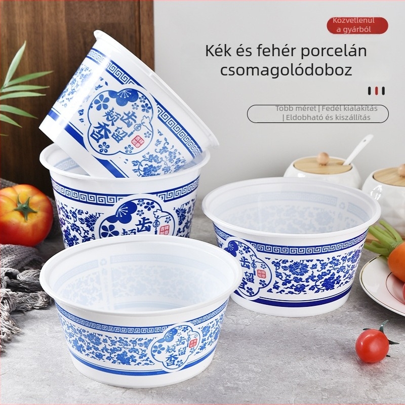 Kör alakú egyszer használatos műanyag ebédtál fedővel, kék-fehér porcelán minta, vastabb kivitel, élelmiszerbiztonságos, szállításra és otthoni használatra, mikrohullámú sütőben is használható