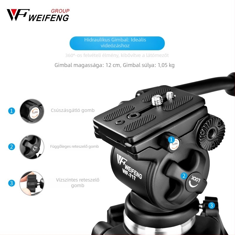 Weifeng WF717 alumíniumötvözetes állvány hidraulikus pan-tilt fejjel, 1,8 m