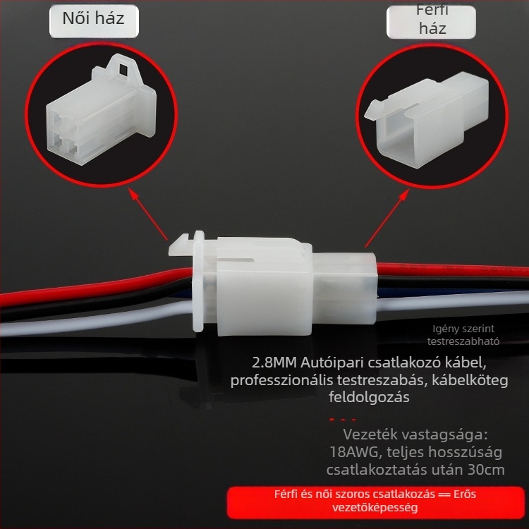 2,8 mm-es csatlakozó elektromos járműhöz, 2–9 lyukas mag, vezetékpár dugó- és aljzatérintkezők, férfi és női
