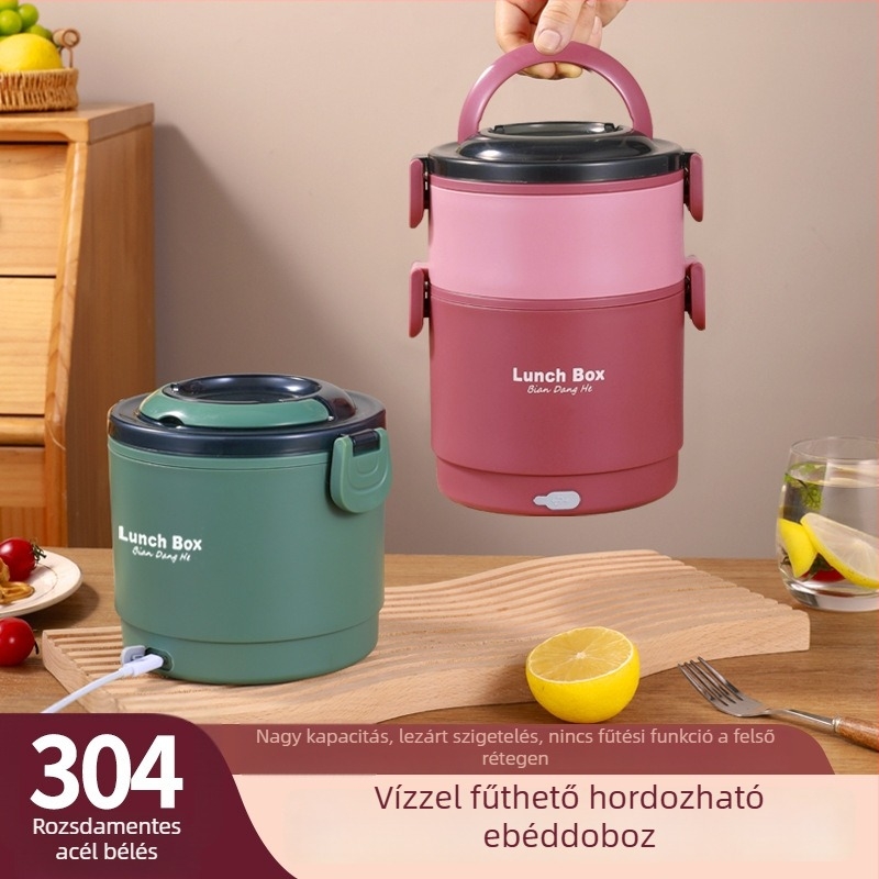 304 rozsdamentes acélból készült izolált ebéd doboz, kör alakú, 1–2 L, USB melegítés, mikróbarát, egy- vagy kétszintes, logó nyomás elérhető
