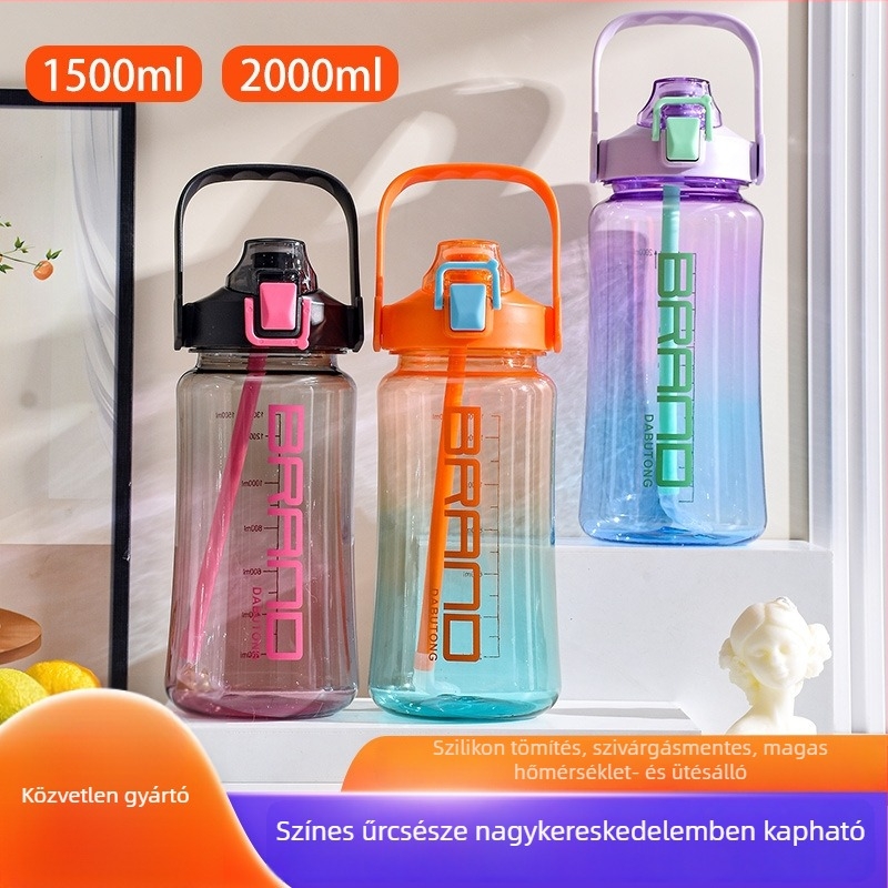 2000 ml-es nagy kapacitású hordozható kültéri sportos műanyag vízpalack szívócsővel
