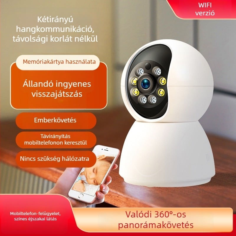 Okos otthoni vezeték nélküli kamera, HD felbontású, Wi‑Fi, távoli hang-interkom, megfigyelés és felvétel