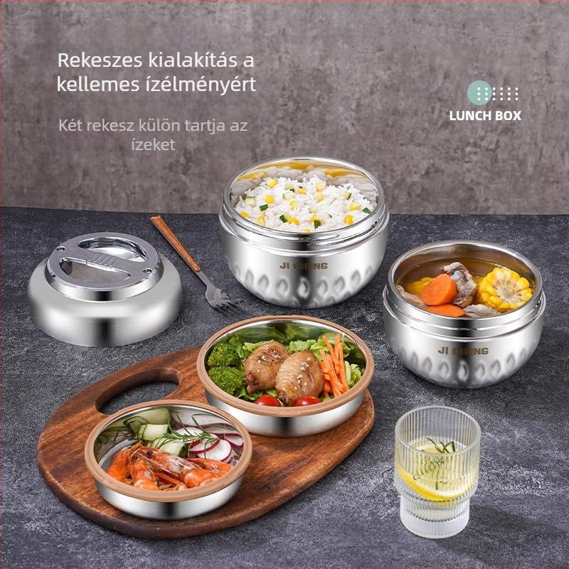 Rozsdamentes acélból készült hőszigetelt ebédes doboz elválasztóval, kétszintes, nagy kapacitású, élelmiszer-minőségű, kézben hordható