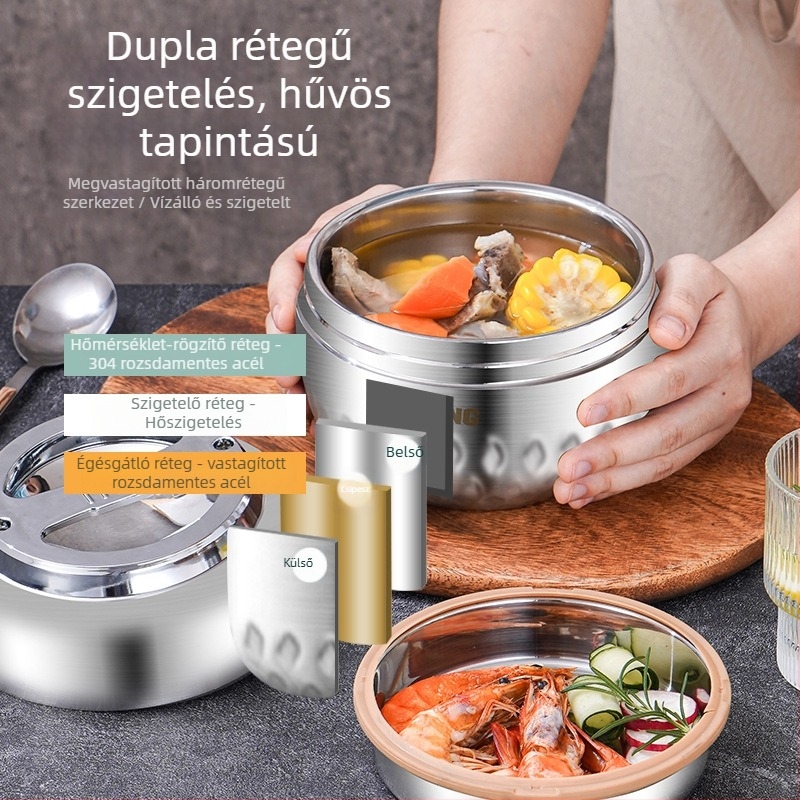 Rozsdamentes acélból készült hőszigetelt ebédes doboz elválasztóval, kétszintes, nagy kapacitású, élelmiszer-minőségű, kézben hordható