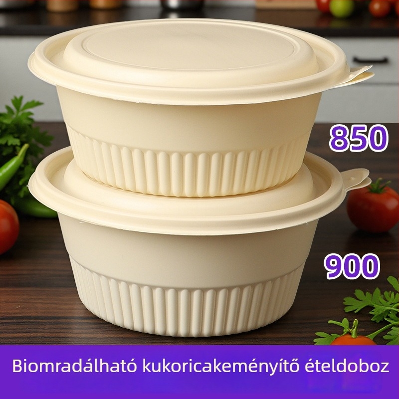 900 ml biológiailag lebomló kukoricakeményítőből készült kör alakú tál, környezetbarát élelmiszer-minőségű elvihető doboz
