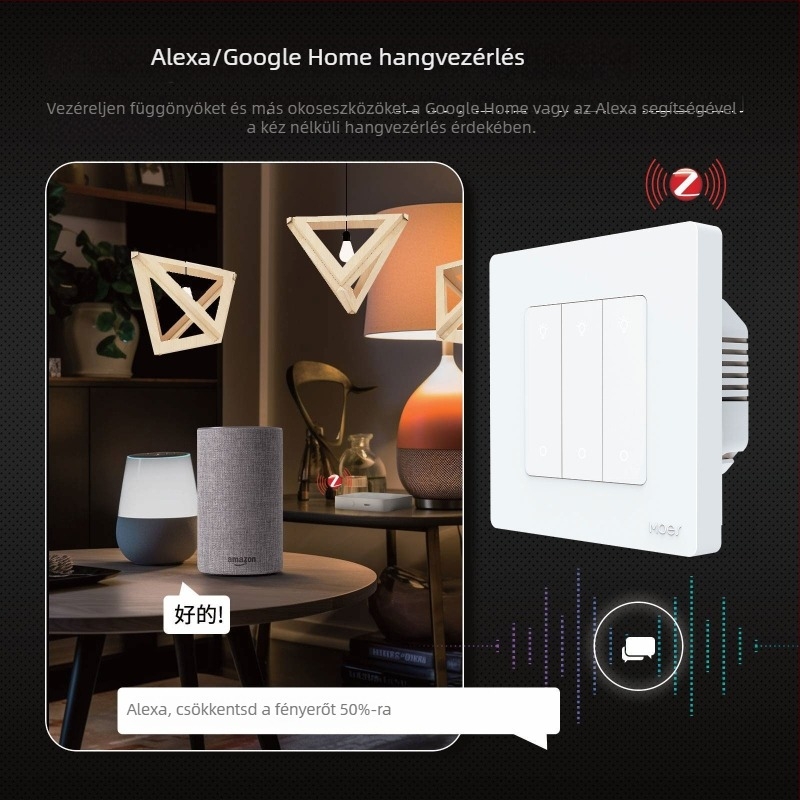 Zigbee intelligens kapcsoló lépcsőmentes fényerő-szabályozással, alkalmazásvezérléssel, időzítéssel, hangvezérléssel, többirányú kapcsoló