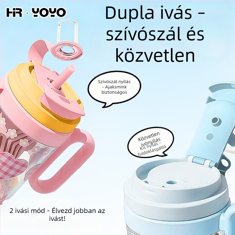 Nyári vízivó pohár finom luxus érzetével, női műanyag pohár dupla szívócsővel, nagy kapacitású