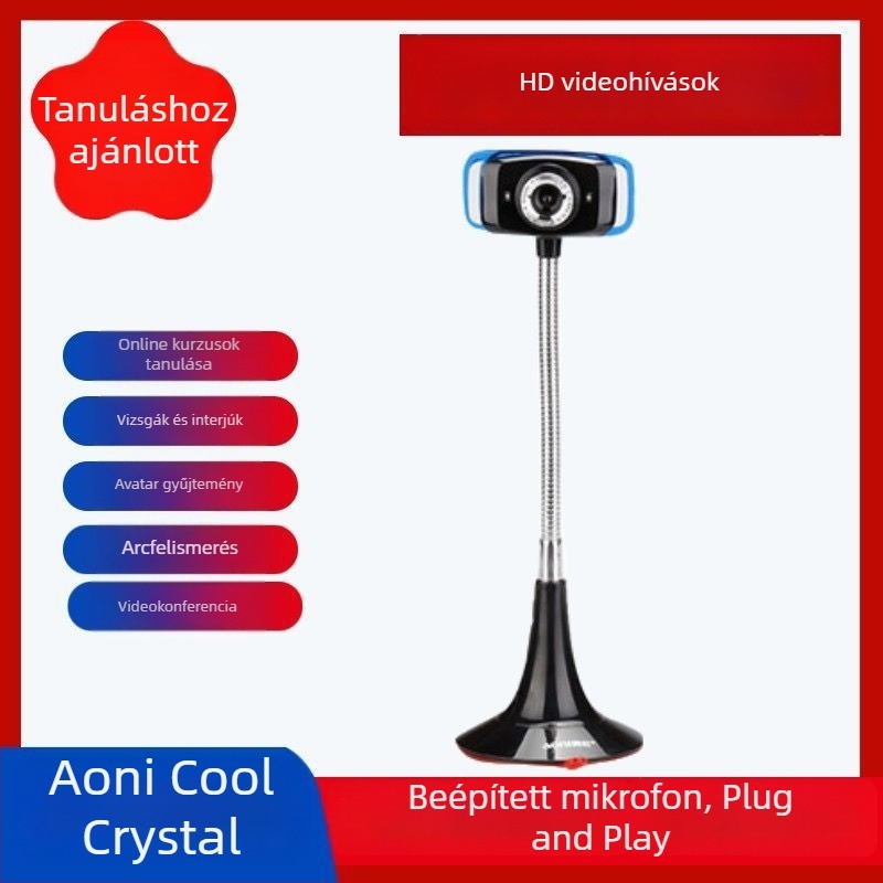 Aoni Cool Crystal HD USB webkamera beépített mikrofonnal, asztali és laptop használatra, Plug-and-Play, 640x480 @30fps