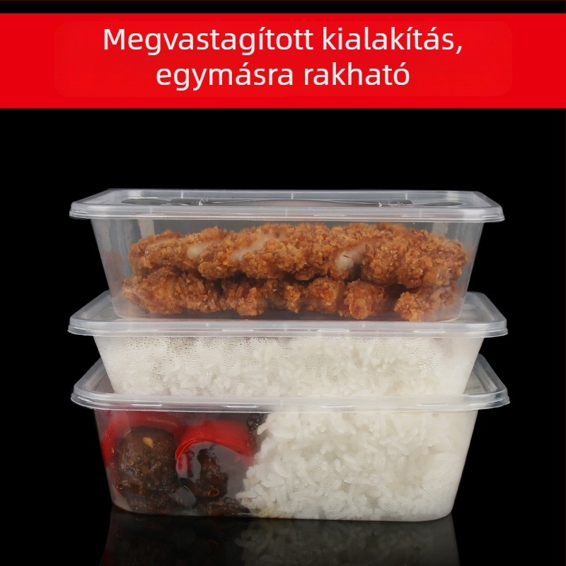 Egyszer használatos téglalap alakú ebédes doboz elvitelre, élelmiszer-minőségű műanyag, mikrohullámú sütőben is használható