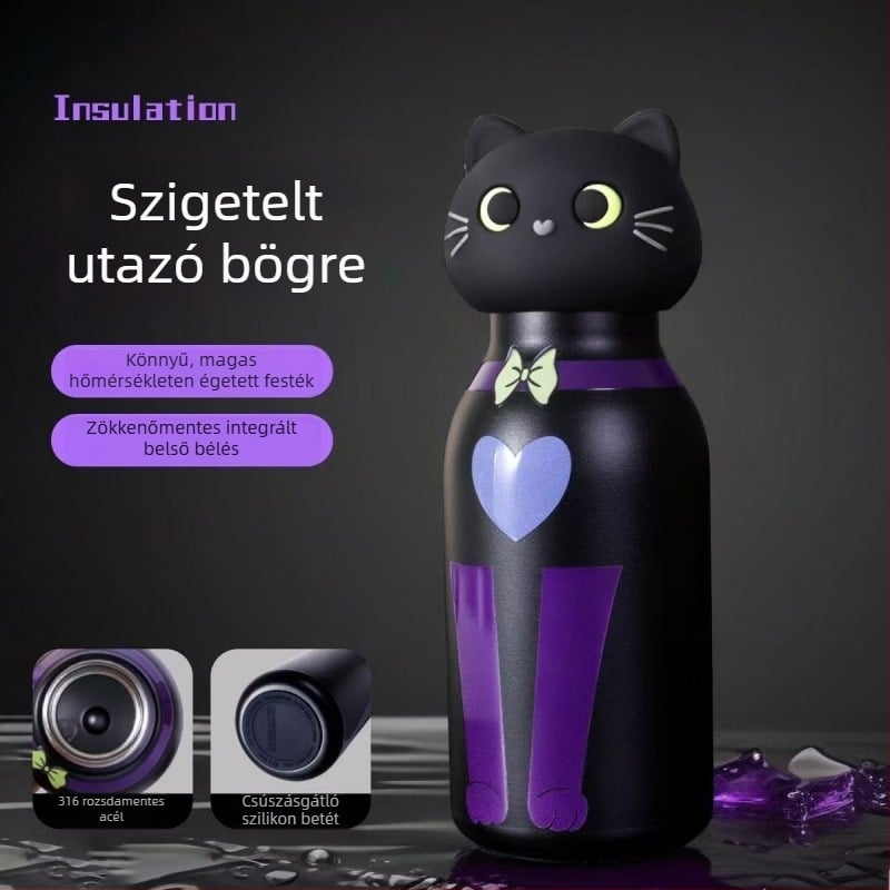 Rajzfilmmacska mintás 316 rozsdamentes acél termosz, hordozható kültéri utazó pohár diákoknak