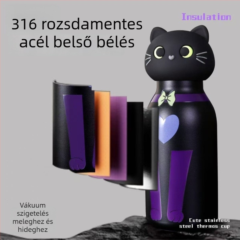 Rajzfilmmacska mintás 316 rozsdamentes acél termosz, hordozható kültéri utazó pohár diákoknak