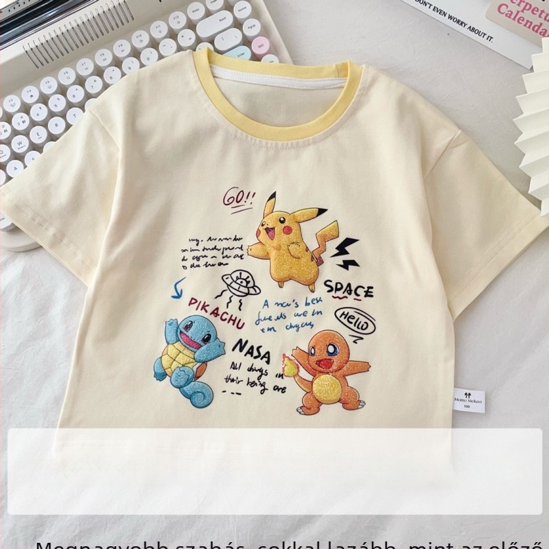 Gyerekeknek nyári rövid ujjú póló, pamut-Lycra, 3D-s karikatúra csillogó mintával, uniszex