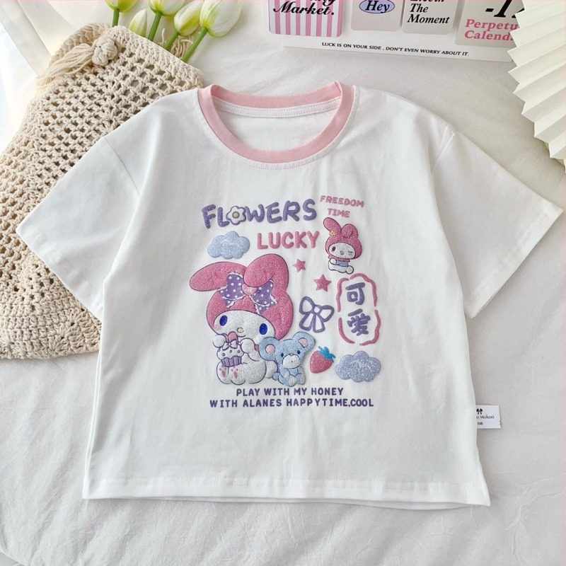 Gyerekeknek nyári rövid ujjú póló, pamut-Lycra, 3D-s karikatúra csillogó mintával, uniszex