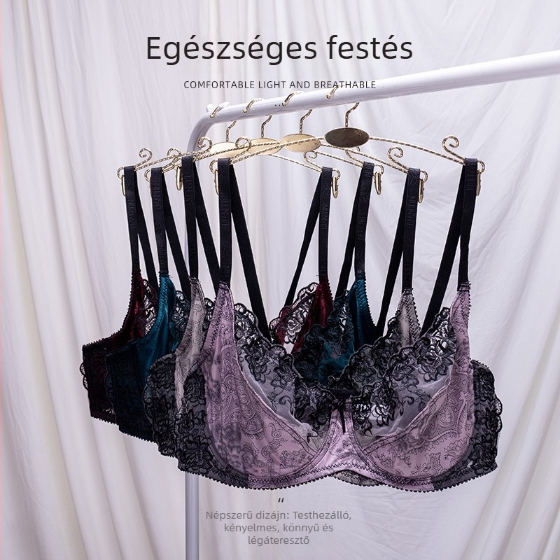 D kosaras szatén csipkés melltartó, plusz méret, lágy merevítővel, emelés, megakadályozza a lógást, a nagy mellek kisebbnek látszanak, vékony egyrétegű, szexi fazon