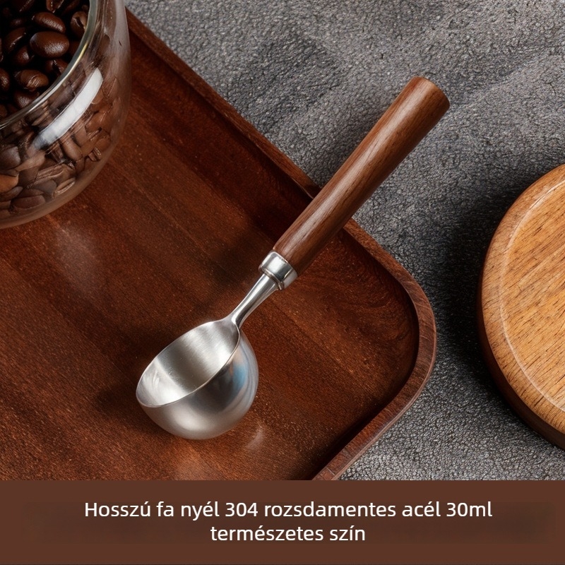 Diófa fogantyújú kávéskanál, kávébab-mérőkanál, 304 rozsdamentes acél