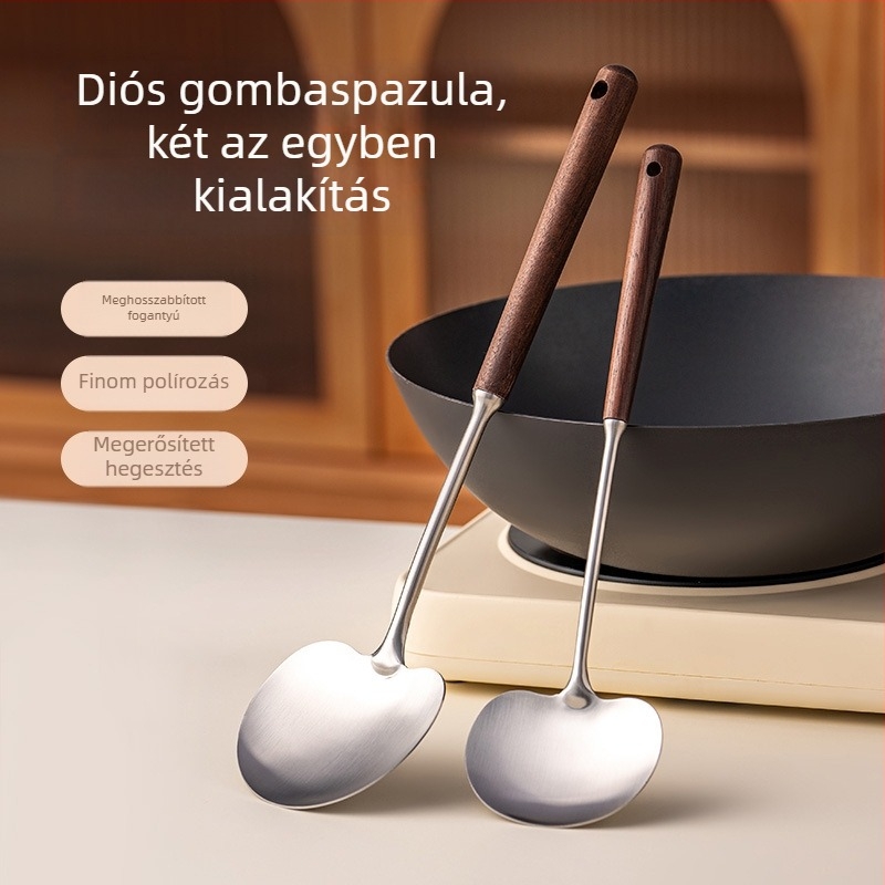 Rozsdamentes acél konyhai spatula fa fogantyúval, magas hőmérséklet-ellenálló, égés elleni védelemmel, sütéshez és pirításához