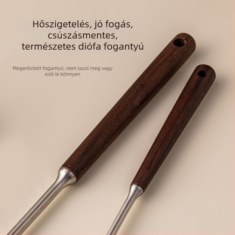 Rozsdamentes acél konyhai spatula fa fogantyúval, magas hőmérséklet-ellenálló, égés elleni védelemmel, sütéshez és pirításához