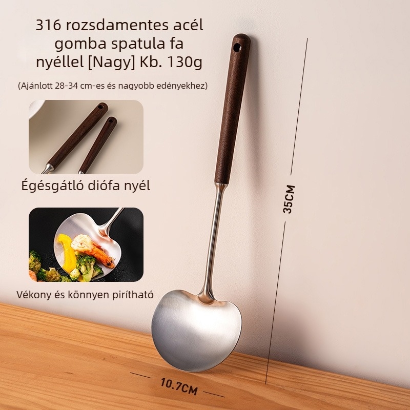 Rozsdamentes acél konyhai spatula fa fogantyúval, magas hőmérséklet-ellenálló, égés elleni védelemmel, sütéshez és pirításához