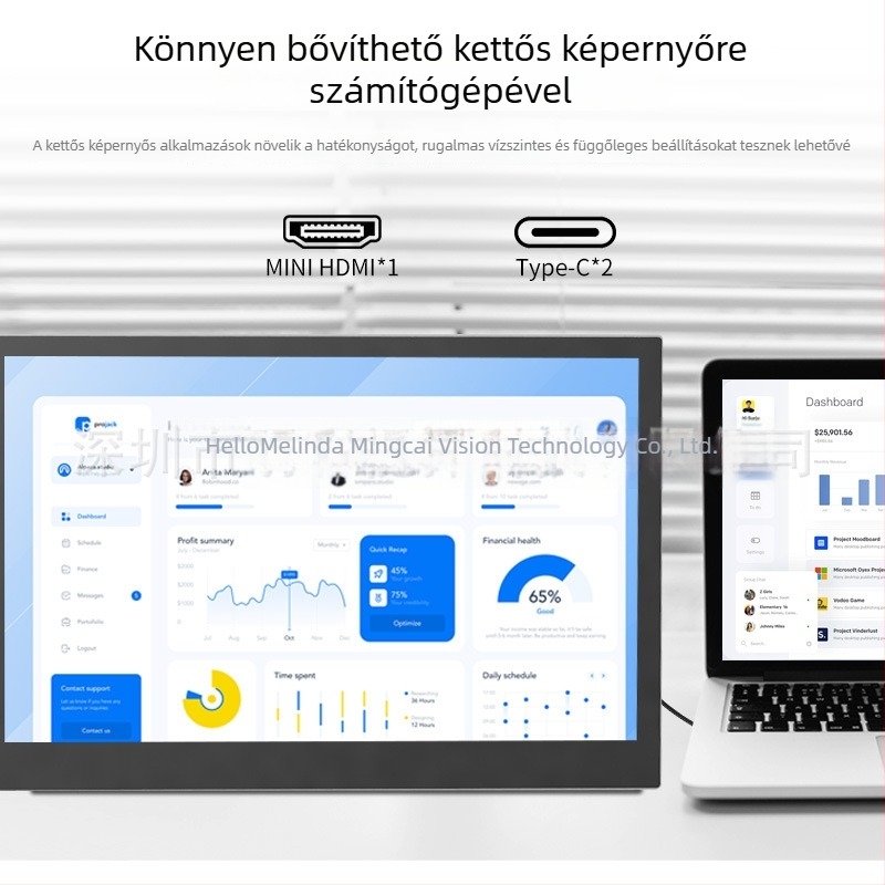 14 vagy 15,6 hüvelykes alumínium ötvözetű hordozható monitor, másodlagos kijelző laptophoz, Full HD IPS képernyő